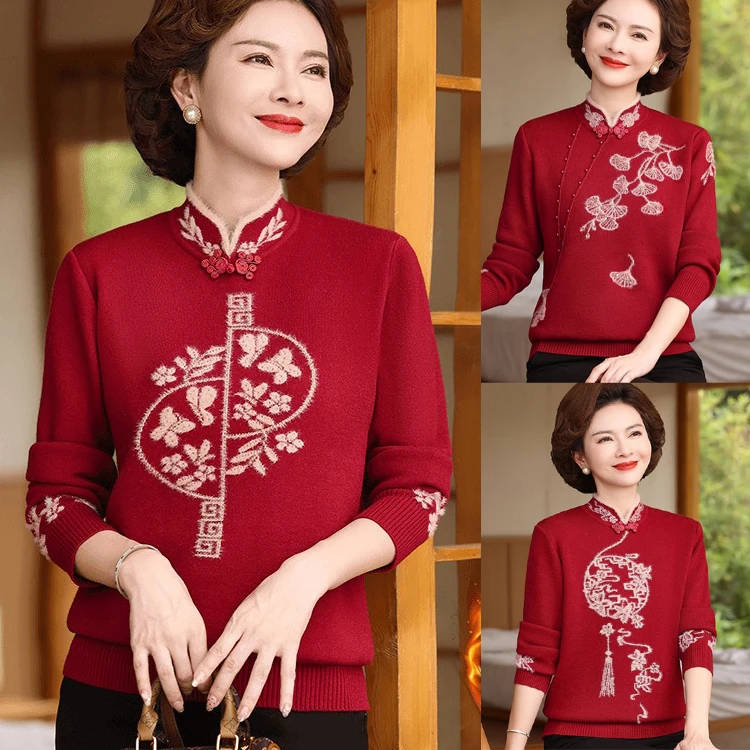 国风旗袍领本命年红毛衣一体绒加厚喜婆婆妈妈冬红毛衣气质打底衫