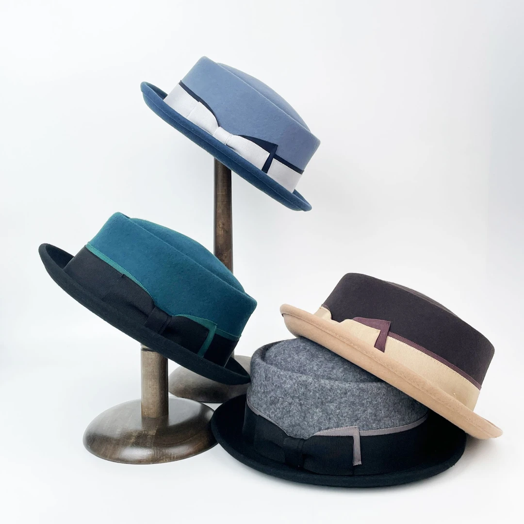 莹姐高定帽饰/秋冬新款羊毛康康小礼帽时尚百搭拼色翘檐蝴蝶结帽