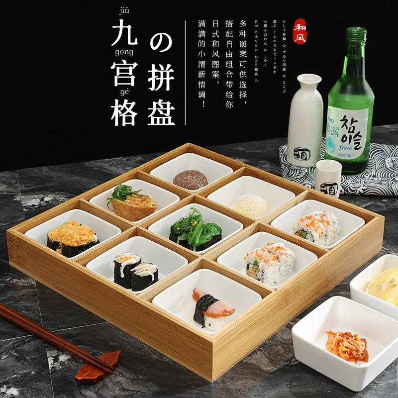 日式火锅菜盘餐具分格特色蔬菜托盘烤肉店竹木托盘木盒拼盘