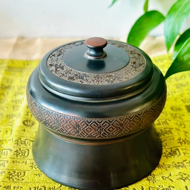 钦州坭兴陶方圆推荐二两陶宝锦醒茶罐茶叶罐黑色高级感稀缺