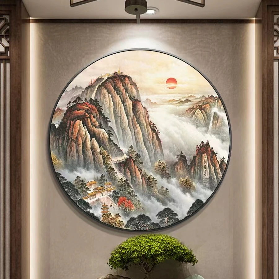 圆形【五岳独尊】玄关装饰画泰山日出有山无过道走廊办公室晶瓷画