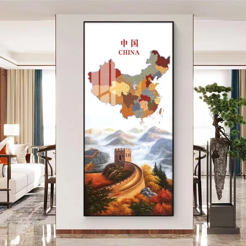 【简约地图】中国红简约版地图挂画新中式装饰万里长城办公室山水画
