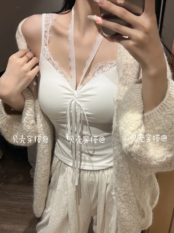 美式辣妹蕾丝拼接吊带背心女秋季新款蝴蝶结绑带修身美背上衣