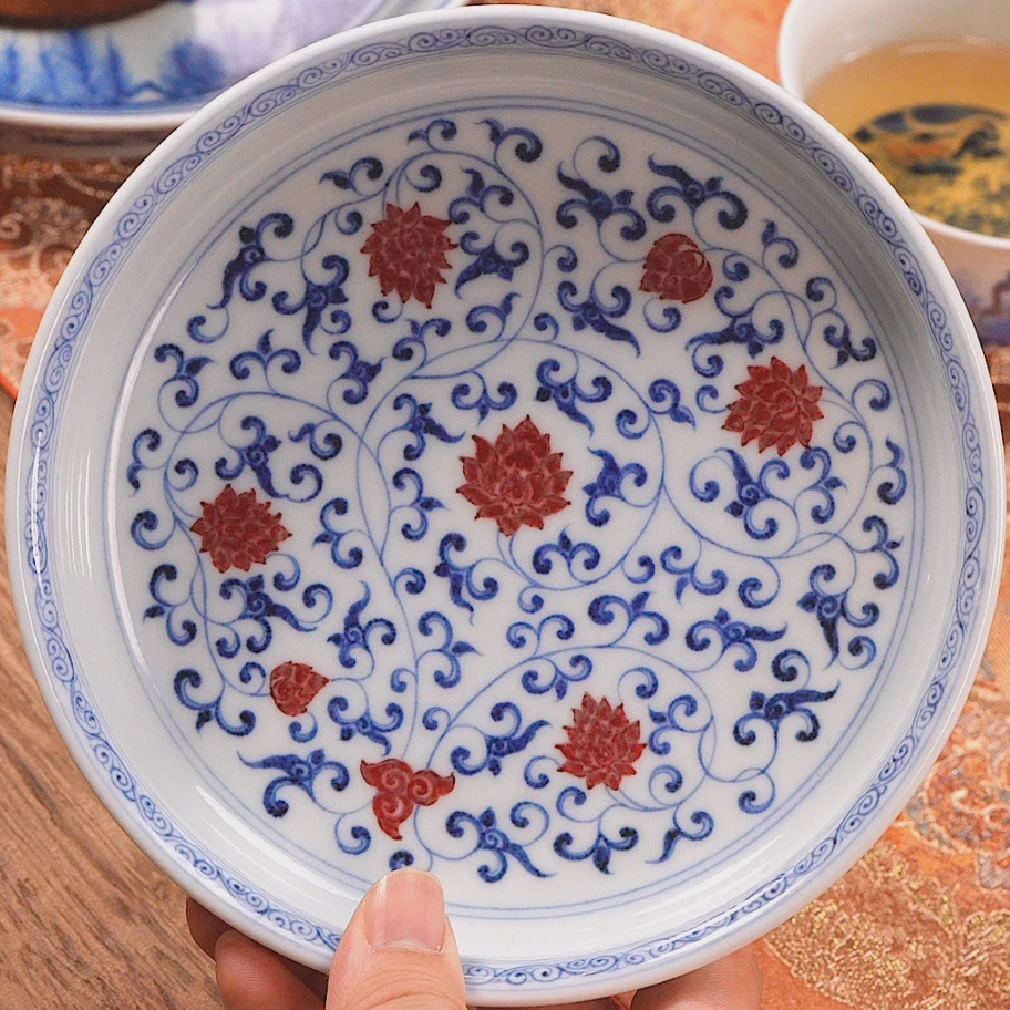 妙挚窑青花釉里红缠枝莲矮炉壶承