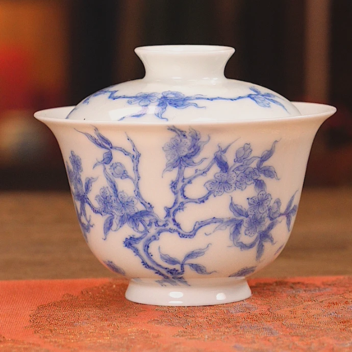 赋春寻隐陶瓷大号白瓷纯青花桃花盖碗