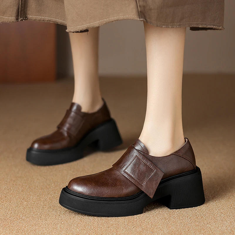 牛皮/7cm/春秋百搭黑色复古乐福鞋粗跟厚底高跟英伦风真皮单鞋女