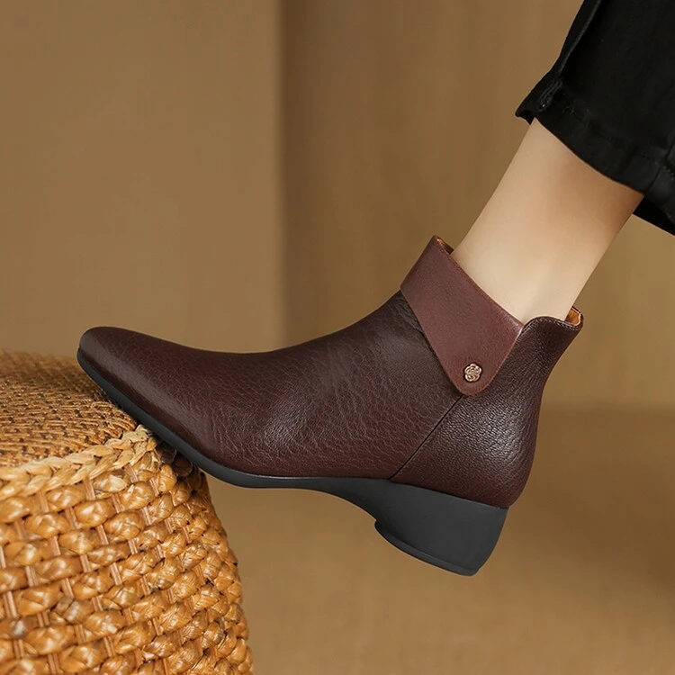 羊皮/5cm/秋冬新款时尚百搭尖头坡跟软底加绒真皮裸靴粗跟短靴女