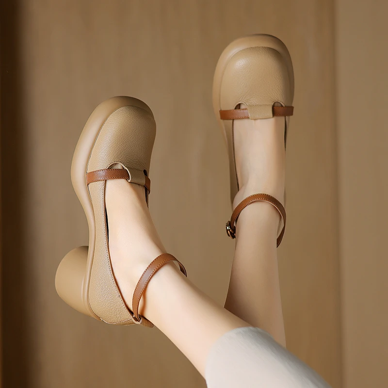 羊皮/7cm/百搭夏季软底粗跟高跟圆头英伦风厚底玛丽珍浅口单鞋女