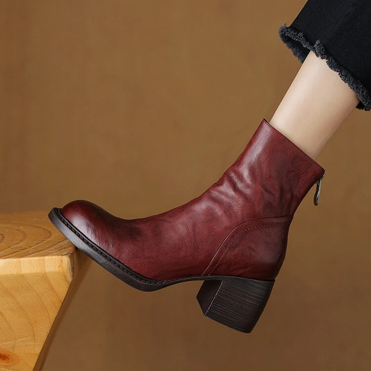 羊皮/6cm/秋冬新款粗跟短靴时尚百搭厚底软底加绒真皮女靴妈妈鞋