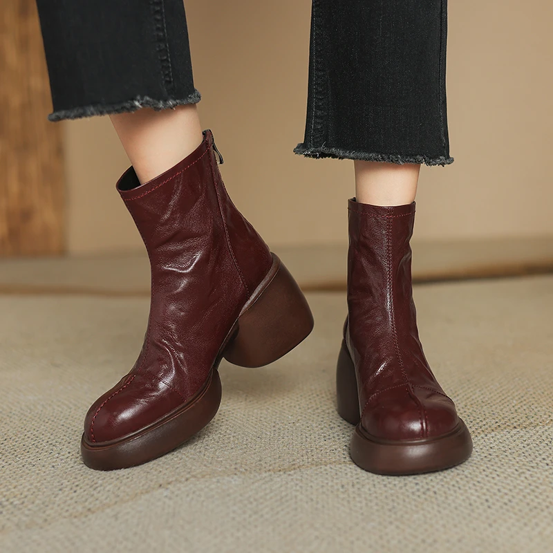 羊皮/8cm/秋冬新款时尚百搭小个子增高粗跟厚底软底真皮短靴女靴
