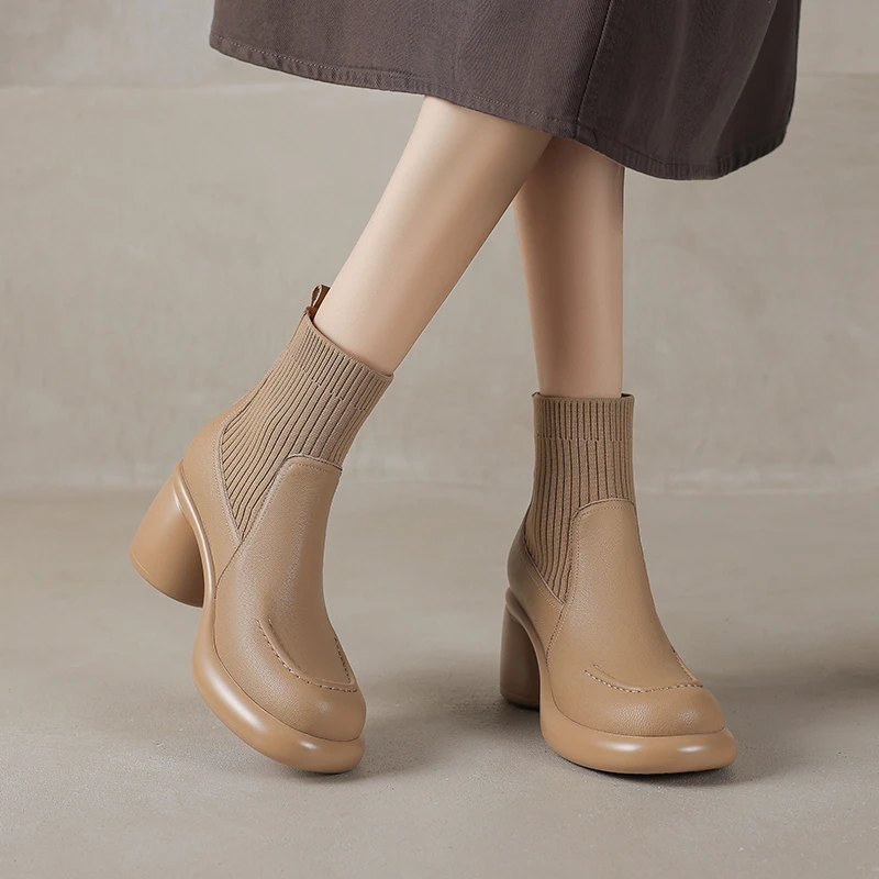 羊皮/5-7cm/时尚百搭高跟瘦瘦靴厚底粗跟圆头秋冬加绒弹力短靴女