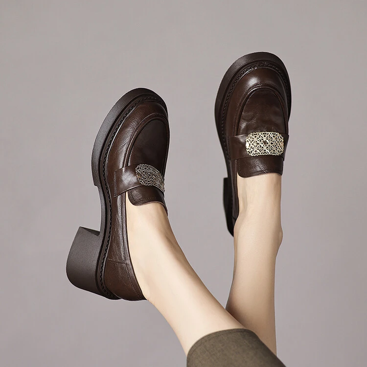 牛皮/6cm/时尚百搭小个子增高粗跟厚底圆头乐福鞋真皮妈妈单鞋女