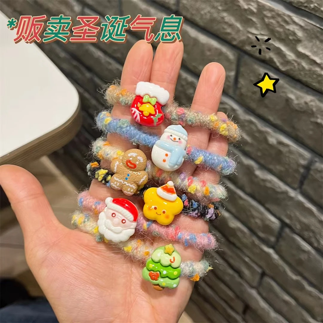 圣诞款彩色毛绒发圈可爱雪人星星发绳甜美少女心女童扎头马尾发饰