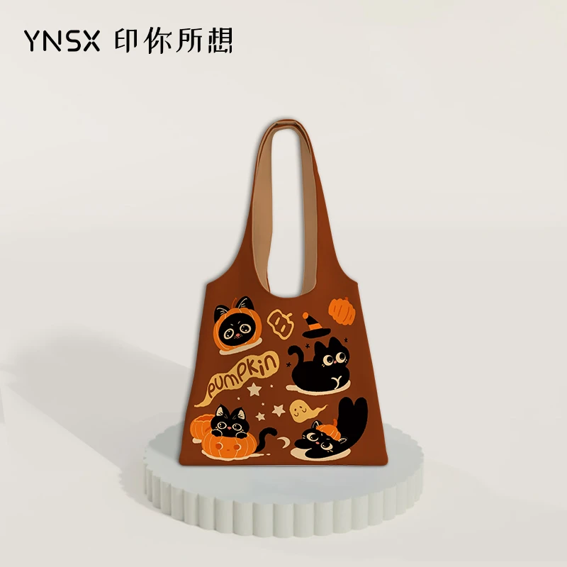 印你原创南瓜小猫帆布包秋冬万圣节新款大容量通勤高级感单肩袋