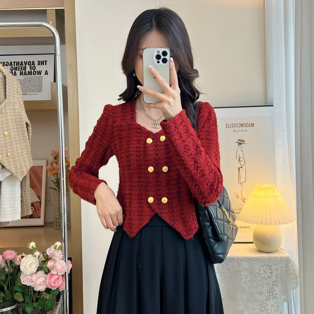 【现货】新款不规则方领双排扣修身显瘦长袖衬衫蕾丝磨毛上衣5501#