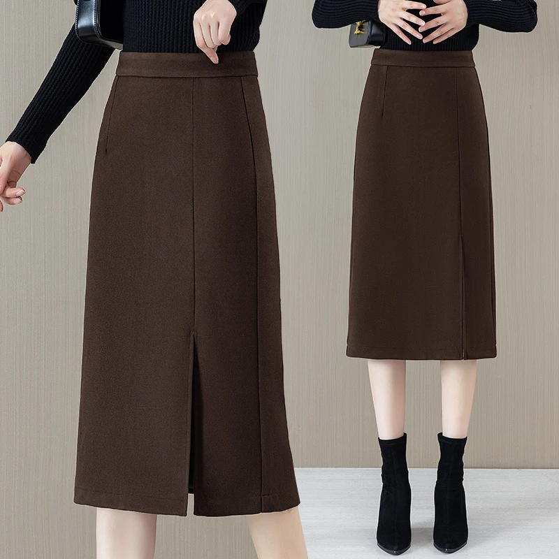 冬季毛呢半身裙女2024新款高腰显瘦气质百搭过膝长裙A字包臀裙