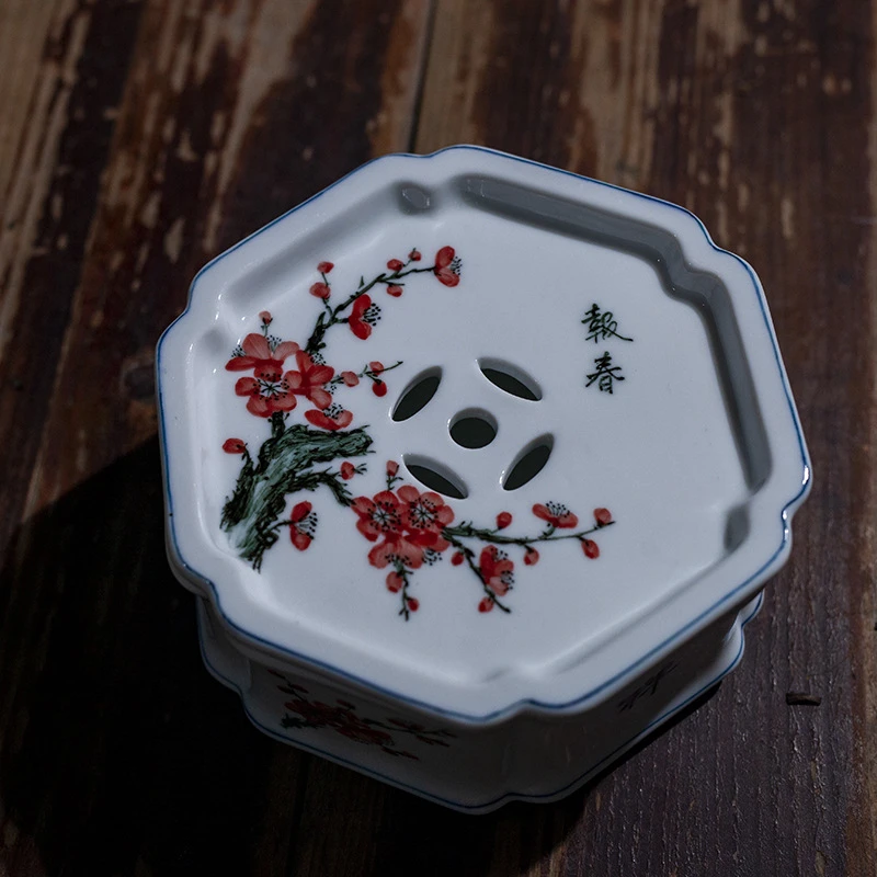 茶船手绘储水潮州六角瓷家用潮汕白瓷壶承复古功夫茶具红梅带茶盘