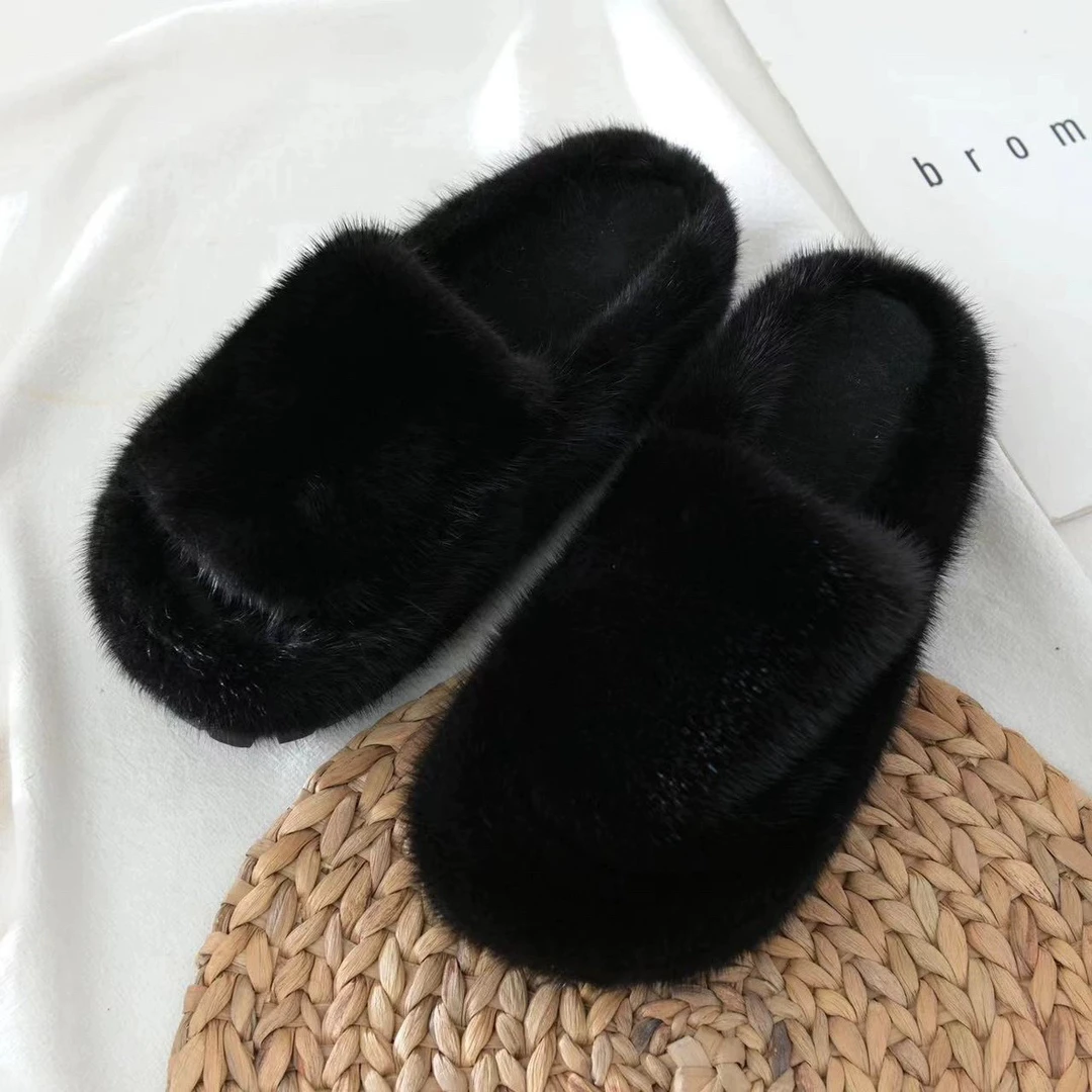 真水貂毛毛拖黑色宽一轻奢时尚新款厚底女鞋外穿鞋