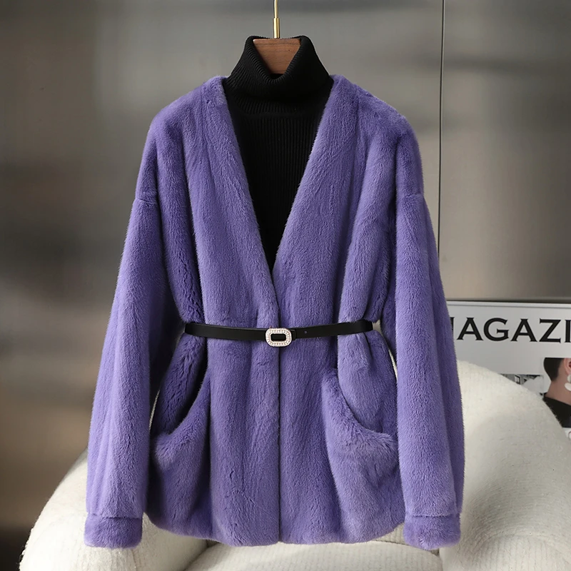 baxuanna/芭轩娜整貂皮草年轻中长款貂皮大衣女V领水貂减龄外套