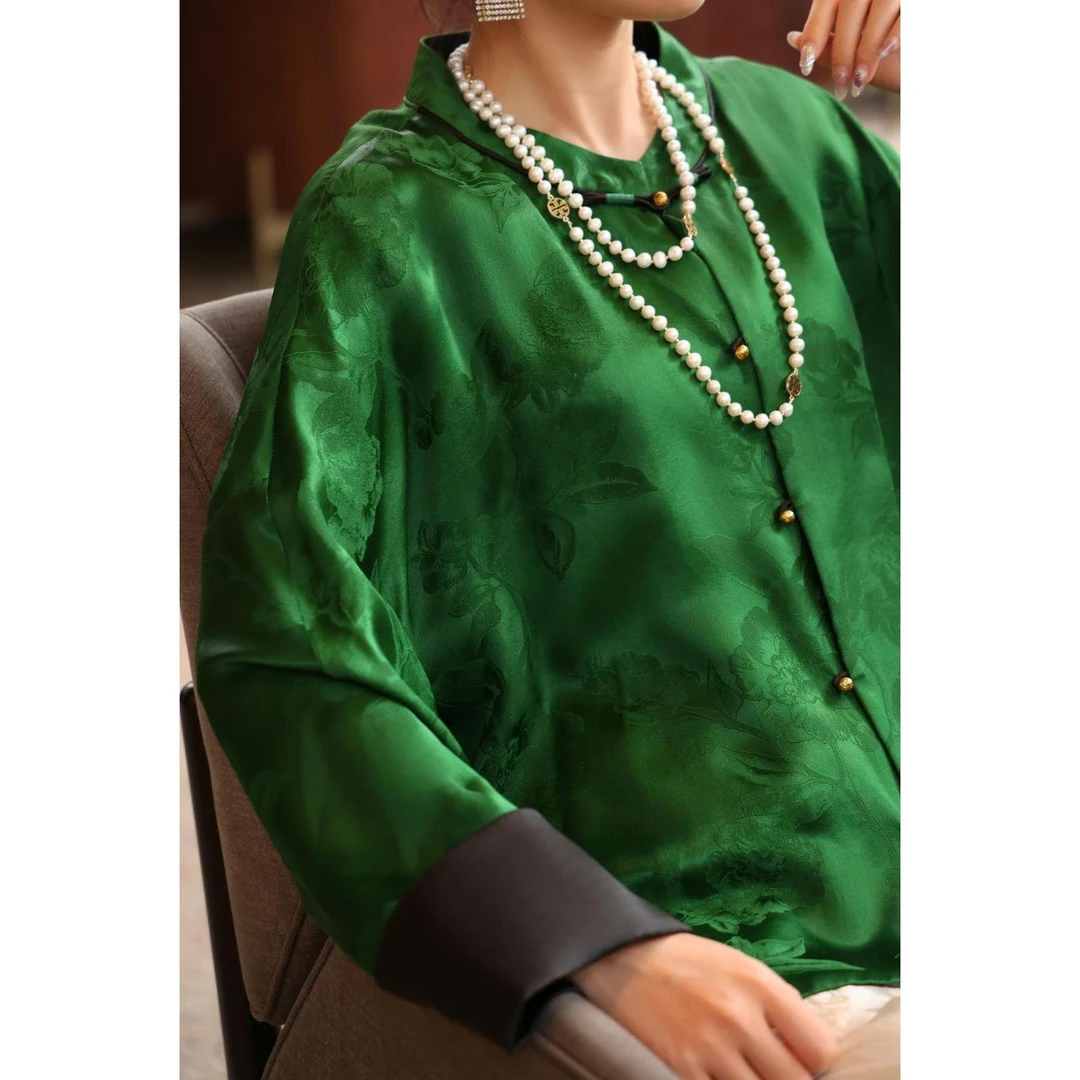 【清瑶】32姆米满分桑蚕丝气质百搭花螺提花新中式国风XYL23197绿色