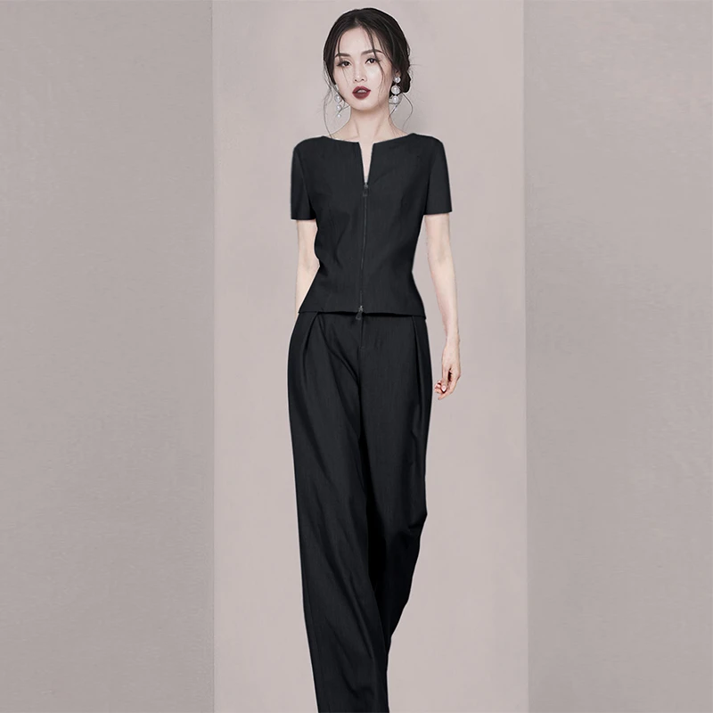 高级感休闲职业纯色时尚套装女2025夏季新款显瘦上衣阔腿裤两件套