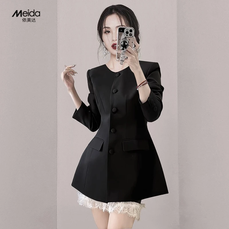 黑色无领收腰西服外套2025秋装百搭简约大气高级感裙摆西装外套女
