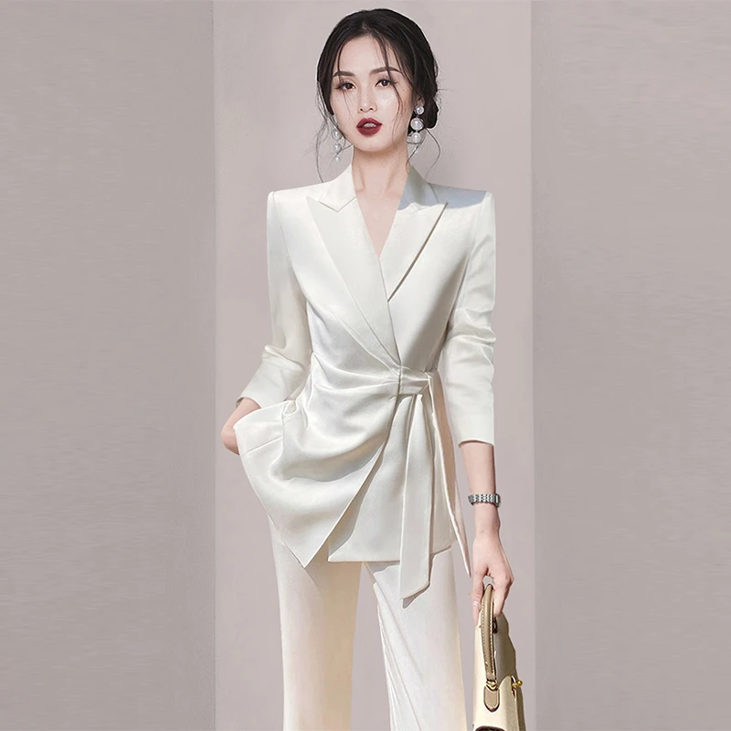 休闲西装套装女春秋新款时尚气质职业名媛小香风高端白色系带西服