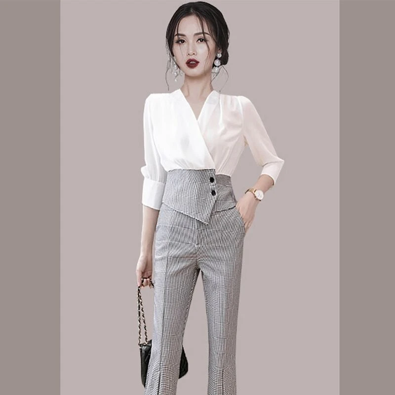 御姐风干练气质职业套装春夏别致上衣千鸟格西装小脚裤两件套女装