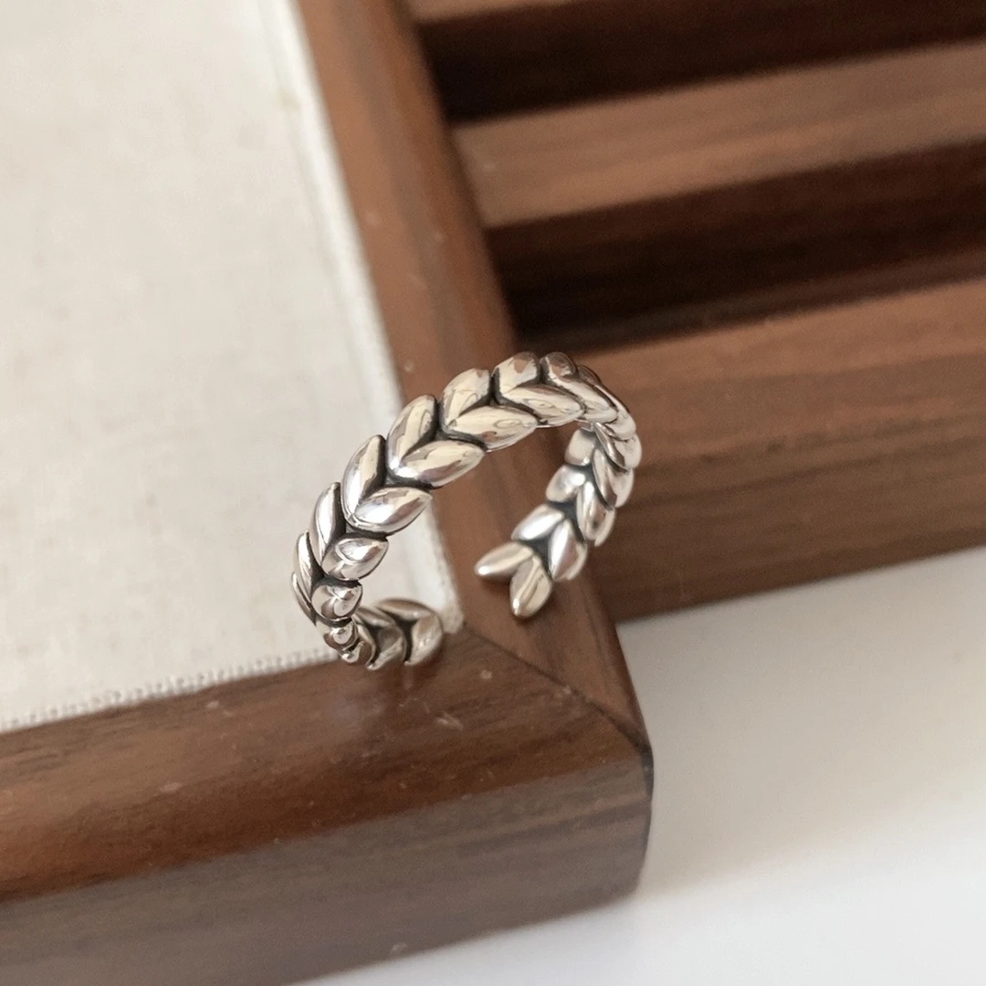 925银戒指 麦穗开口戒指女 个性简约时尚小众设计叶子指环 冷淡风