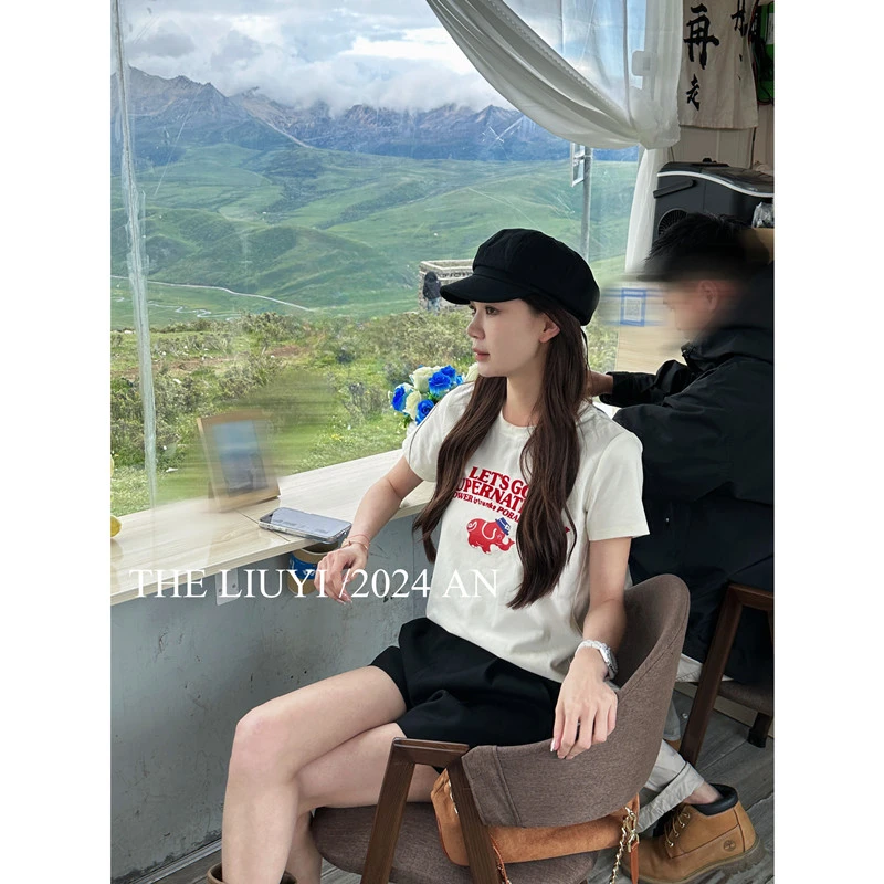 【LIUYI】小象T～秋款正肩磨毛字母圆领短袖T恤47264
