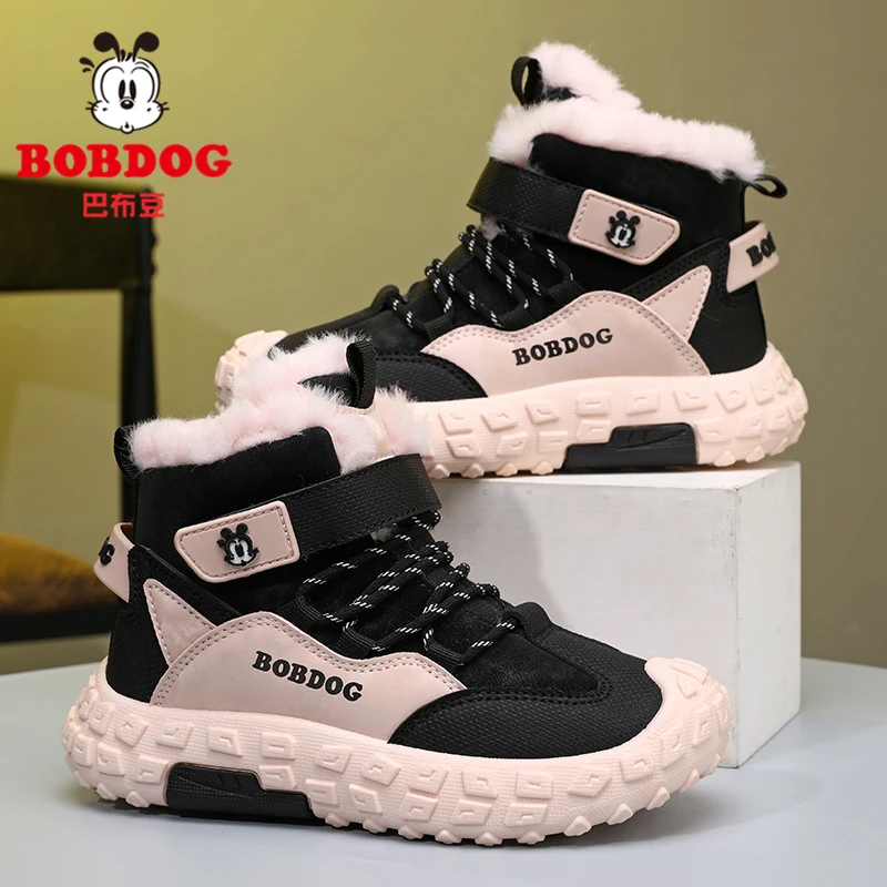 巴布豆女童雪地靴2025冬季新款皮面棉鞋防水保暖加绒小学生户外鞋