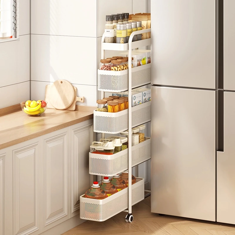 厨房夹缝置物架落地多层冰箱侧面可抽拉小推车极窄缝隙储物收纳架