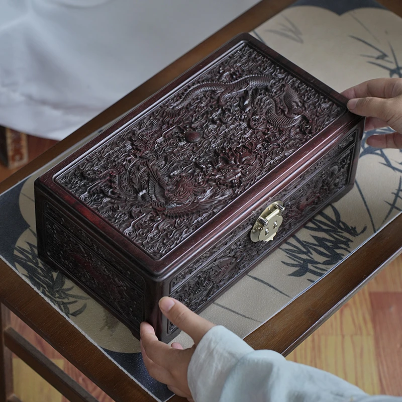 大红酸枝精工雕花龙凤呈祥轻奢耳饰首饰彩礼嫁妆箱首饰收纳箱