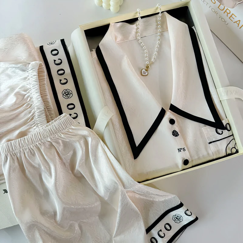 三件套冰雪丝睡衣女夏小香风薄款短裤袖长裤睡衣女款爆款2025新款