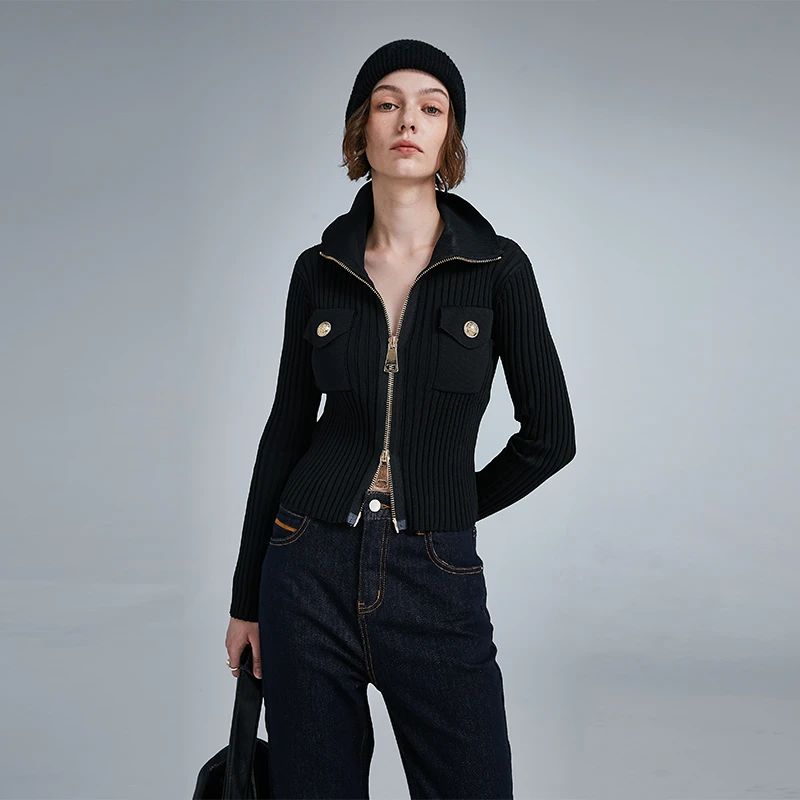 Black&color高级感针织开衫修身翻领秋冬百搭长袖条纹