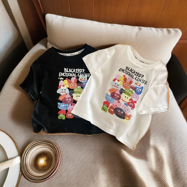 儿童夏季卡通黑白2色T恤韩版短袖上衣可爱风格洋气纯棉休闲宝宝