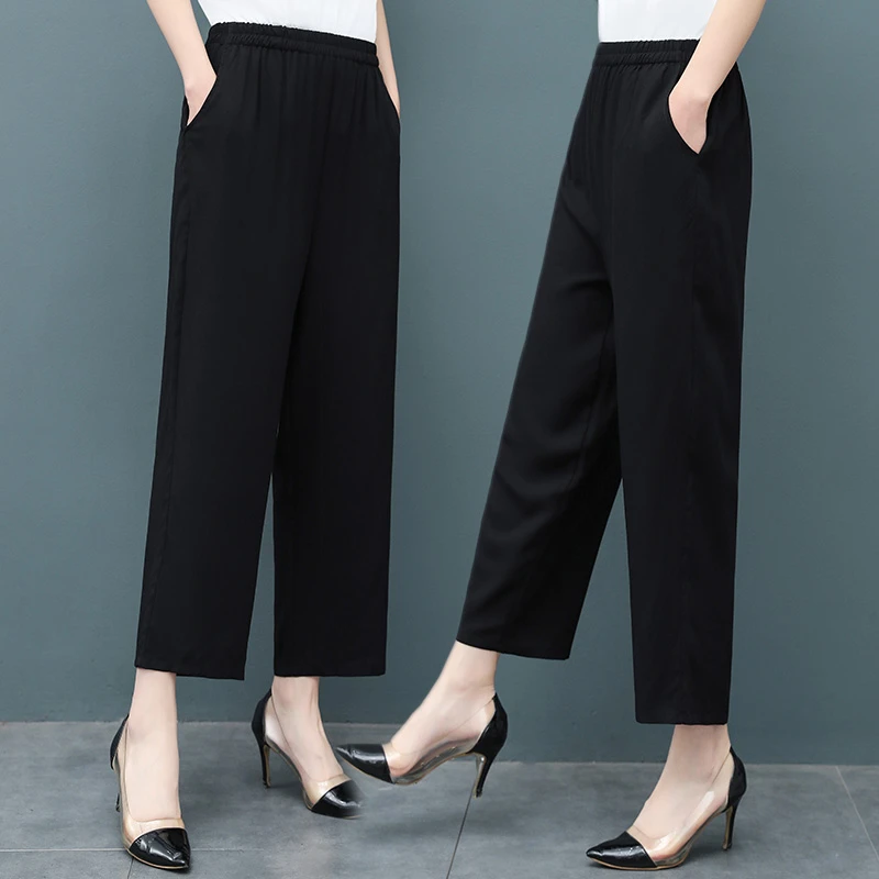 中老年棉绸阔腿裤夏季薄款人造棉八分裤女式大码宽松休闲裤中裤子