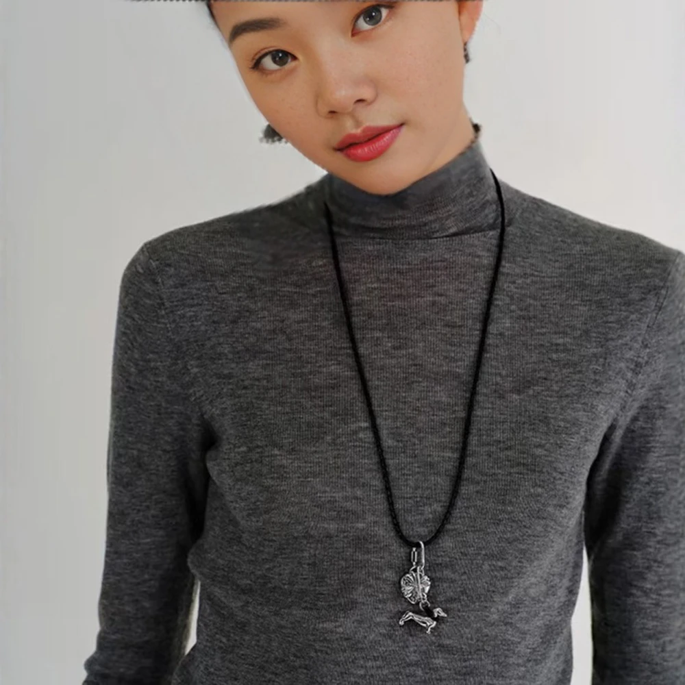 合金皮质项链 梦境花园狗狗黑绳项链小众设计多种戴法长款项链女