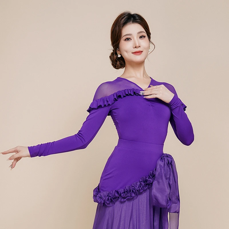 扉姿摩登舞上衣女交谊舞连体衣长袖广场舞服木耳边v领跳舞衣F1194