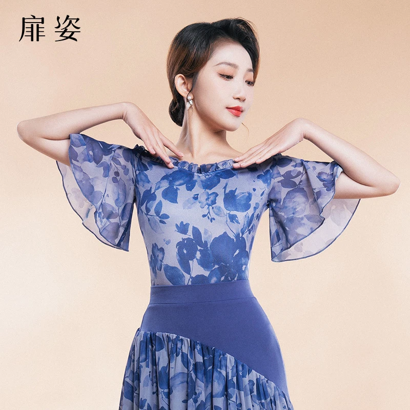 扉姿 摩登舞上衣女夏季新款华尔兹吉特巴短袖跳舞舞蹈连体衣F1073