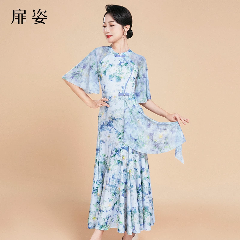 扉姿 摩登舞服女连衣裙旗袍国风印花交谊舞裙拉丁舞服装长裙F3020