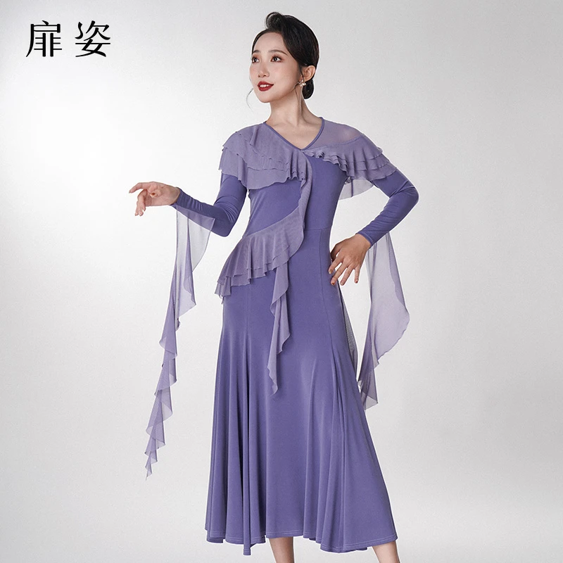 FZ 摩登舞裙女秋冬长袖连衣裙套装专业华尔兹大裙摆跳舞裙F3026