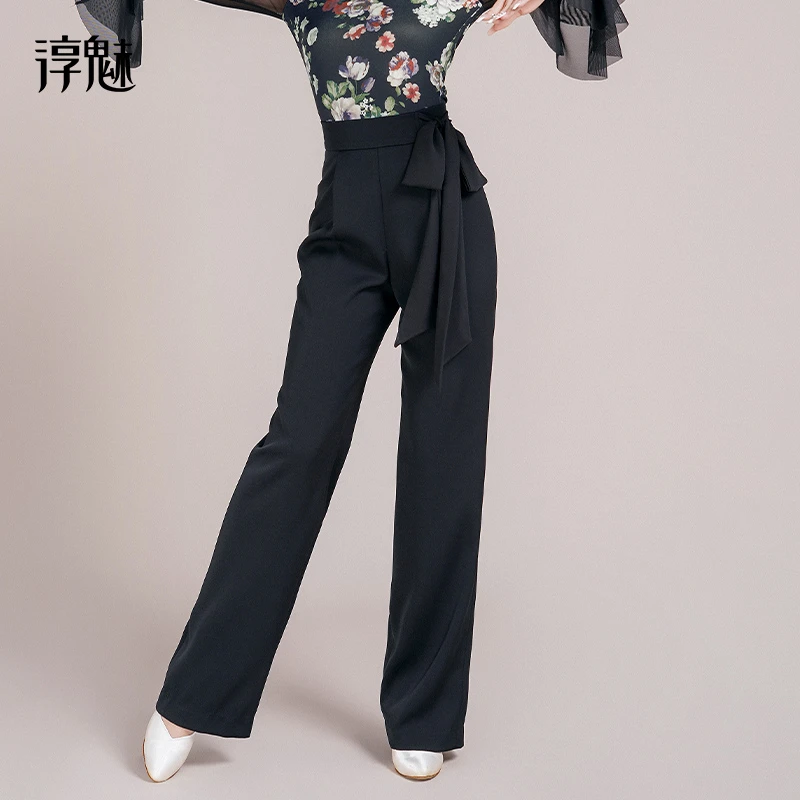 摩登舞裤女秋冬国标舞蹈裤绑带直筒长裤拉丁舞练功裤子M2003