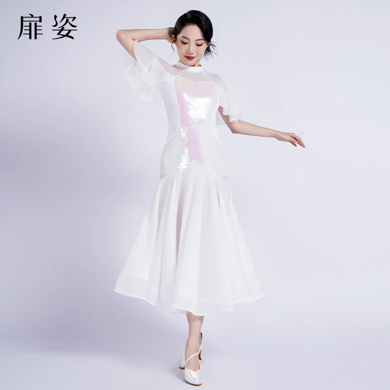扉姿 摩登舞连衣裙女士交谊舞亮片裙子华尔兹表演裙大摆裙夏F3039