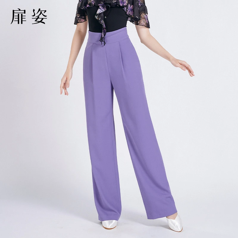 扉姿 女士摩登舞裤子薄款交谊舞跳舞拉丁吉特巴高腰长裤西裤F2102