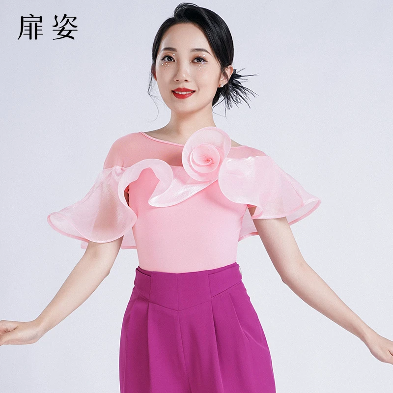 扉姿 摩登舞服女交谊舞练功服连体衣夏季华尔兹大花边上衣F1157