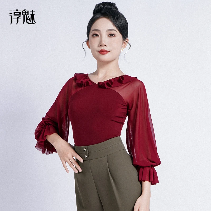 扉姿 摩登舞上衣女秋季长袖广场舞服红色灯笼袖跳舞分体衣M1125