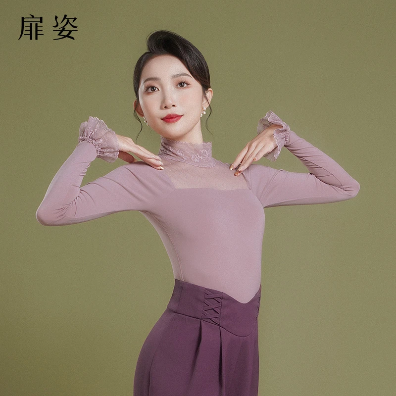 FZ 摩登舞上衣女秋冬交谊舞练功服立领跳舞喇叭长袖连体衣F1123