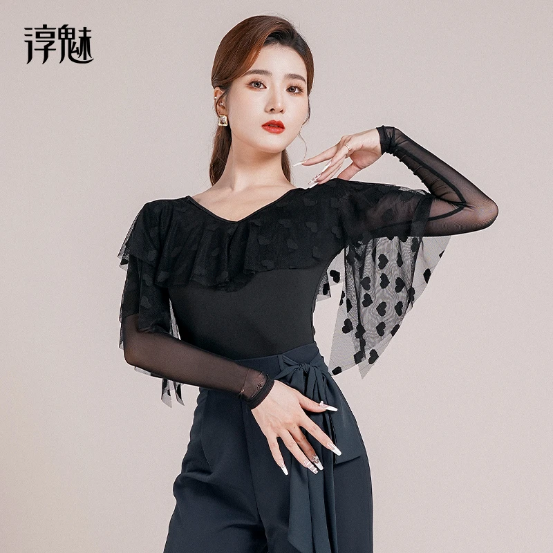 摩登舞服女秋装交谊舞长袖跳舞上衣优雅荷叶边v领舞衣M1005