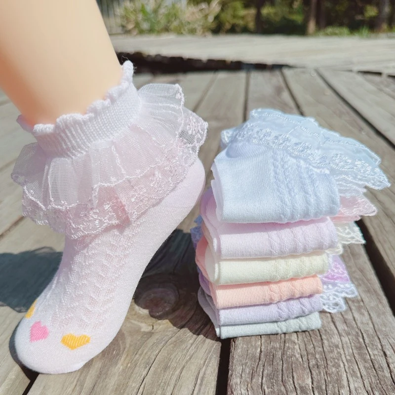 6双装纯棉女孩子袜子儿童全棉夏季超薄款网面透气吸汗防臭花边袜